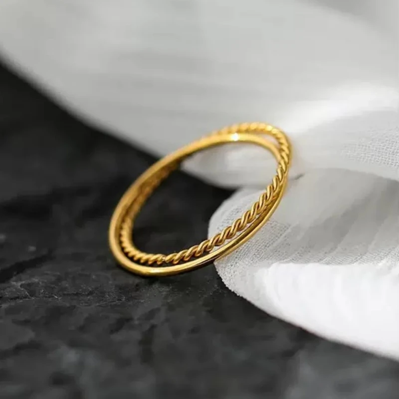 Anelli impilabili in acciaio inossidabile per donna Anello da dito sottile intrecciato color oro 18 carati misura 5-10 # Gioielli alla moda, regali non appannati - immagine 3