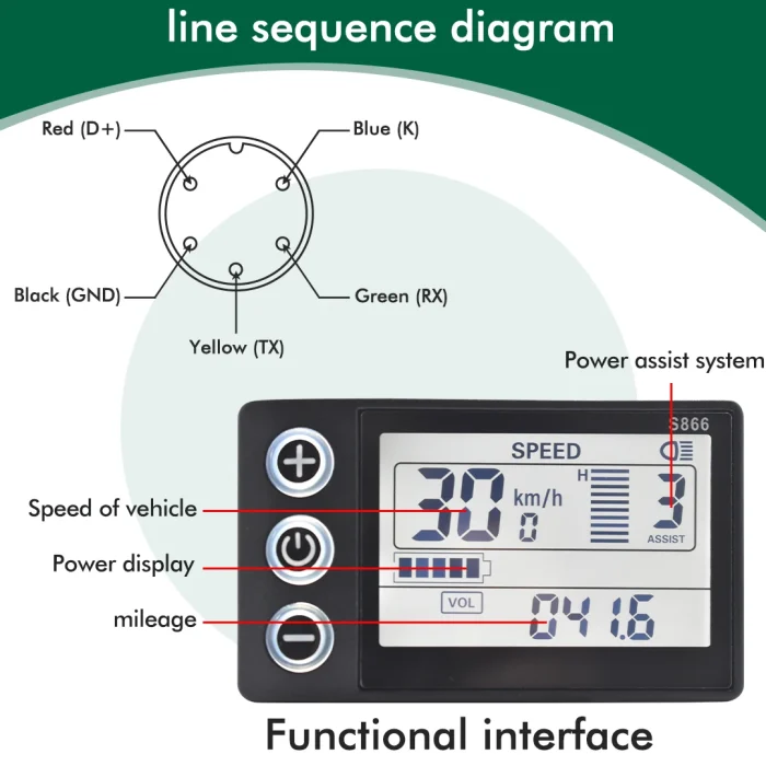 Display modello S866 per bicicletta elettrica 24V/36V/48V Protocollo UART 2 - immagine 4
